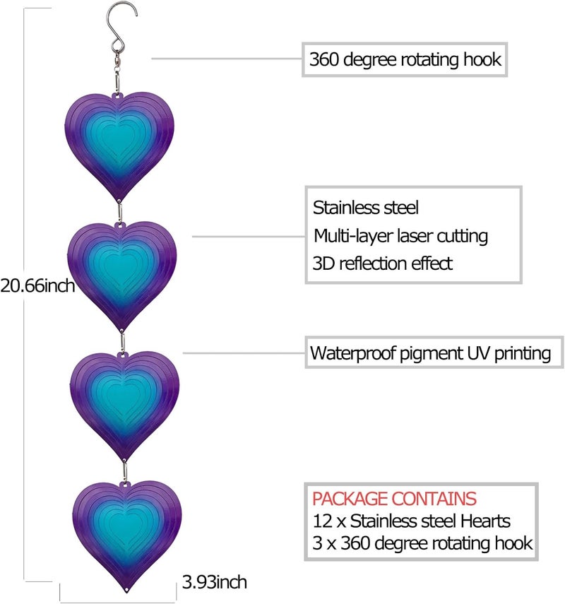 DJUAN Wind Spinners Outdoor Garden Decor,Purple-Green Heart Yard Lawn Ornaments Metal Wind Spinner with 360 Degree Swivel Hook, Christmas,Luau Party,Tropical Party Decorations,Gifts for Mom,Women - Image 4